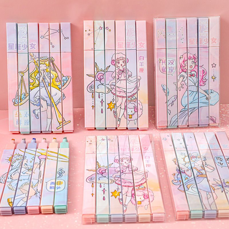 6pcs 별자리 형광펜 파스텔 귀여운